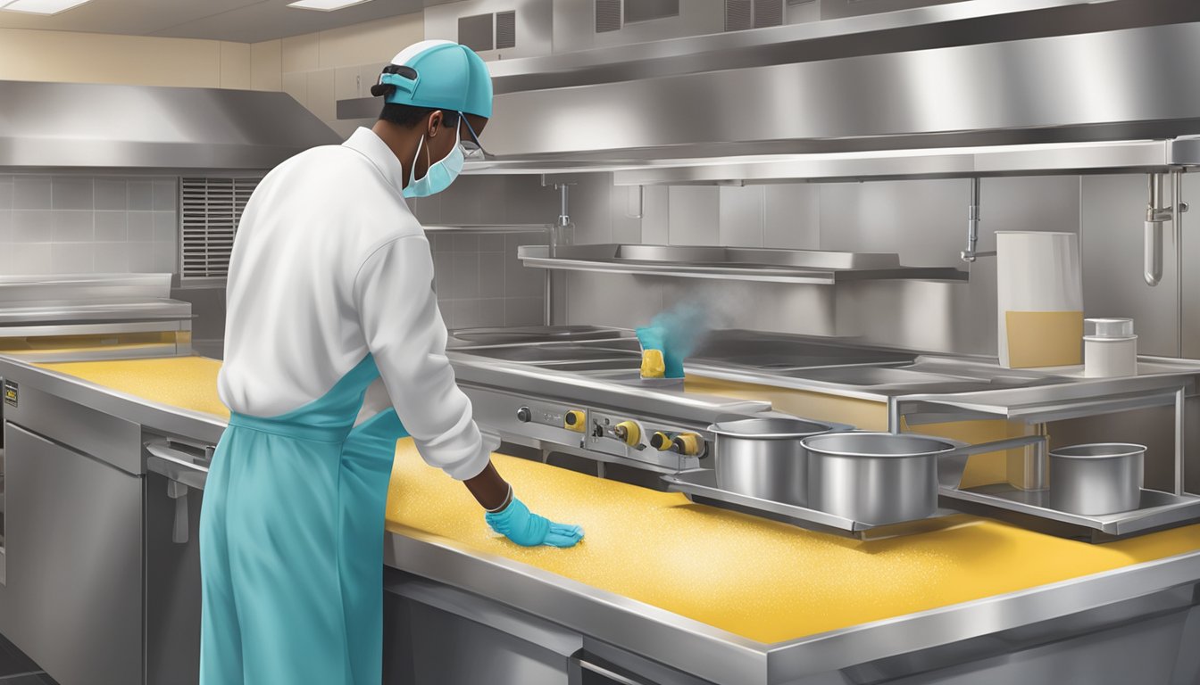 A worker sanitizing kitchen equipment at Church's Texas Chicken using gloves, disinfectant spray, and a clean cloth