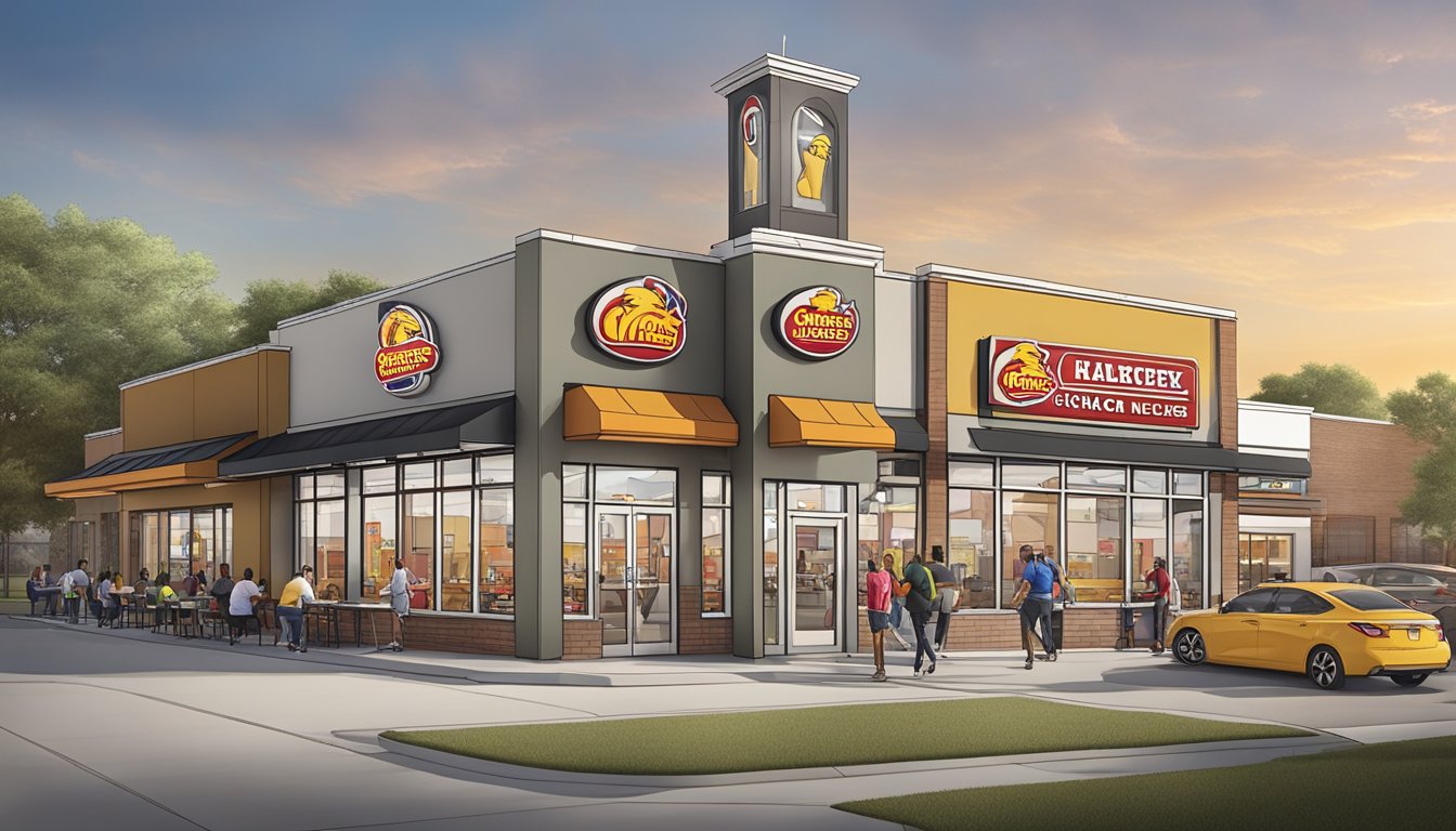 A bustling Church's Chicken location in Fort Worth, Texas, with a vibrant exterior and a steady flow of customers entering and exiting the restaurant