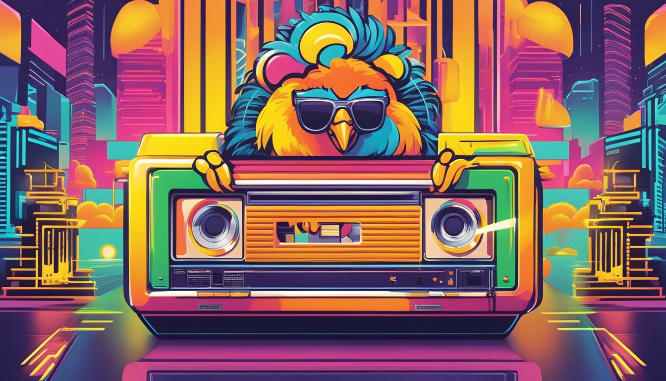 A colorful 1980s-themed Texas Chicken ad featuring bold typography, vibrant colors, and iconic 80s imagery such as neon lights, cassette tapes, and big hair