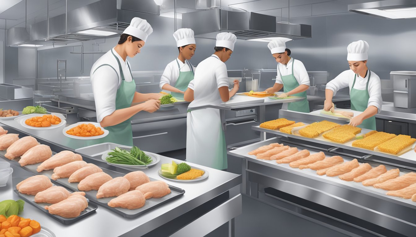 A clean, organized kitchen with staff wearing hairnets and gloves, using separate cutting boards for raw and cooked chicken. Temperature logs and sanitation stations are visible