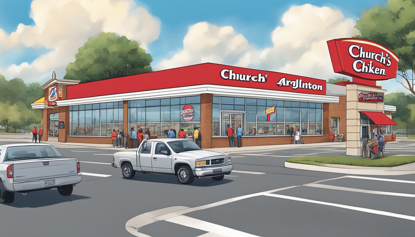 The Church's Chicken Arlington location on Arkansas Ln bustling with customers and staff, with the iconic red and white signage visible from the street