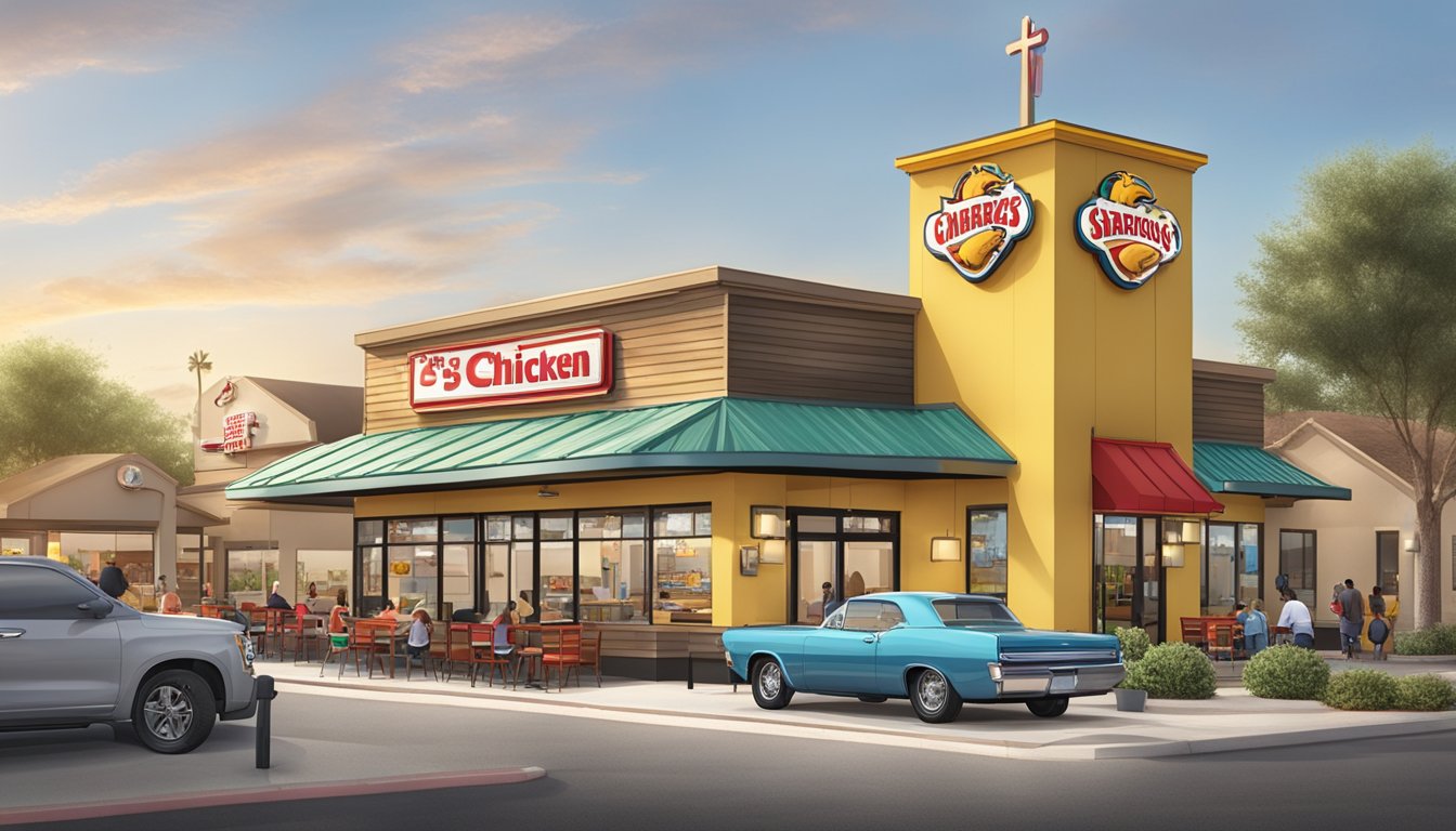 A bustling Church's Chicken restaurant with a drive-thru, outdoor seating, and a prominent sign on Saratoga Blvd in Corpus Christi, Texas