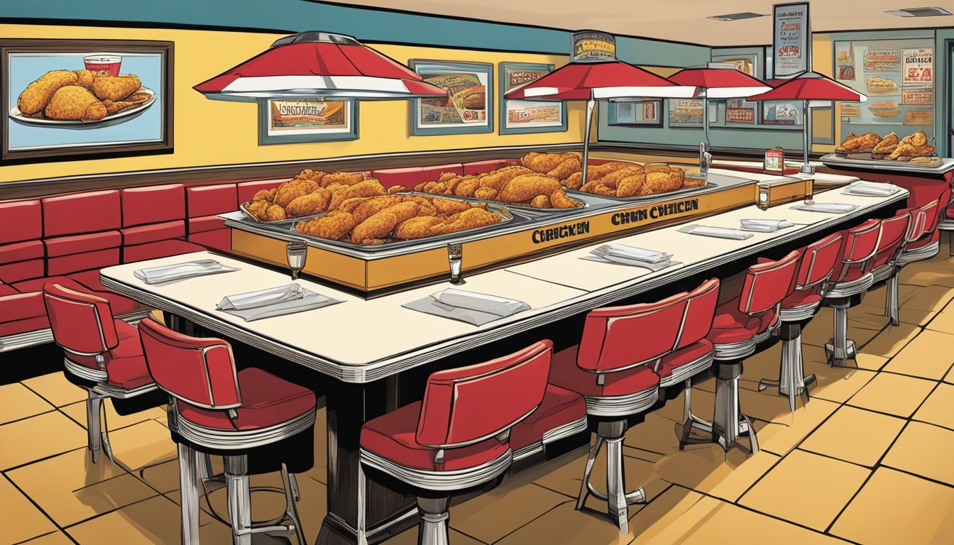 A table with 6 different Church's Texas Chicken ads from different decades, each showcasing the unique style and messaging of the era