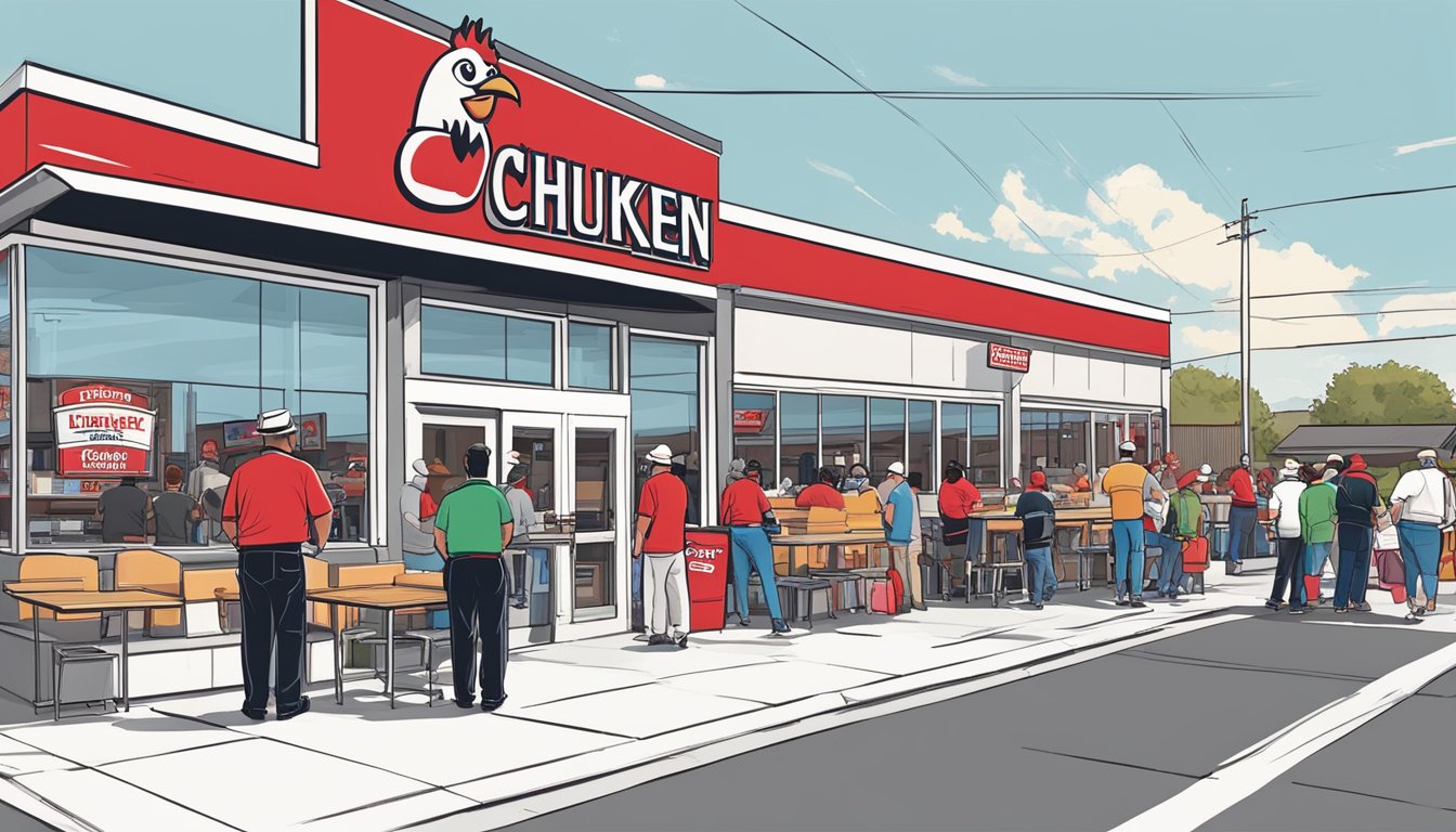 A bustling Church's Chicken location on 50th St in Lubbock, Texas, with a line of customers waiting to order and the iconic red and white signage