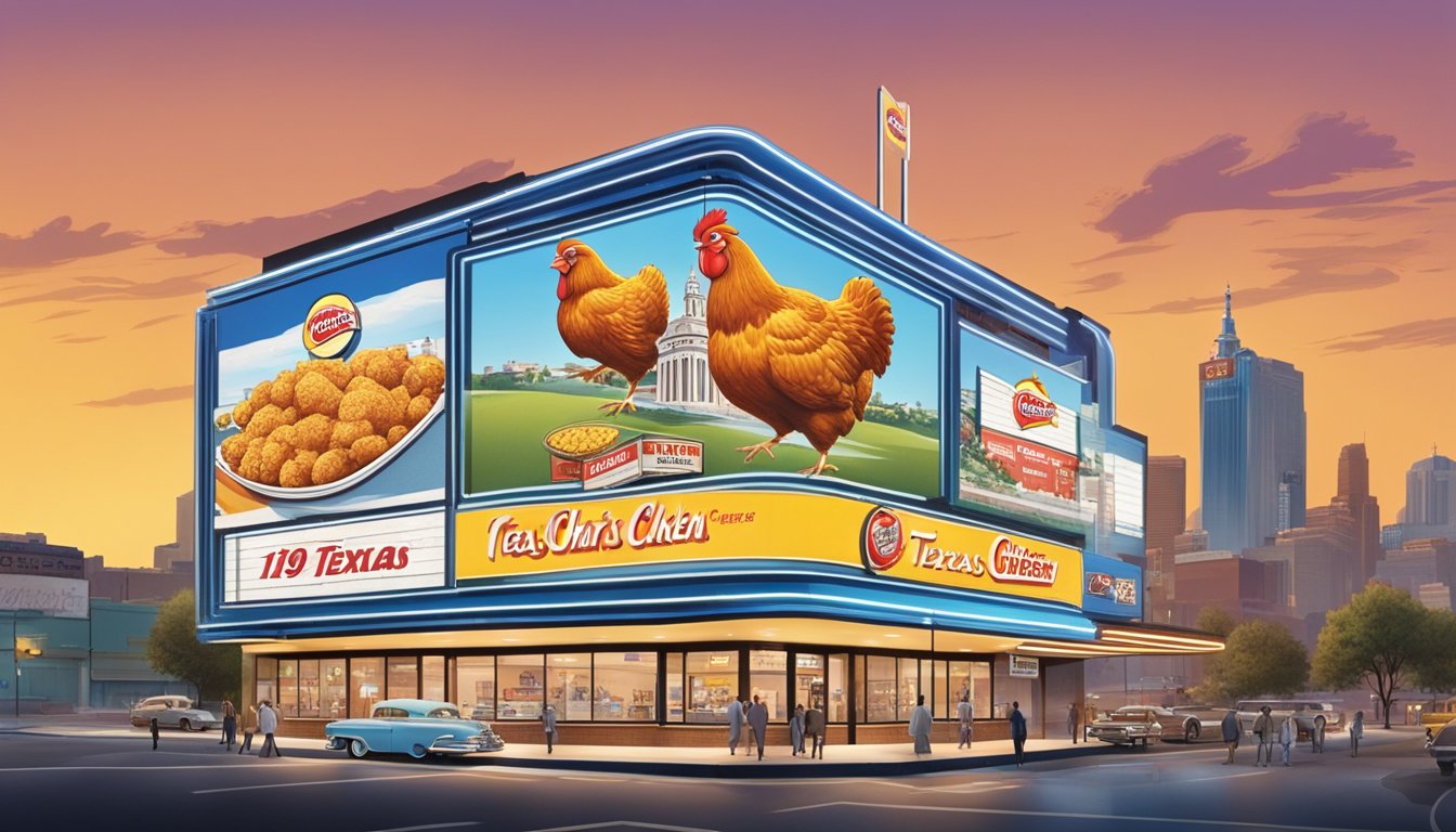 A vintage billboard featuring a 1950s-style Church's Texas Chicken ad, surrounded by a bustling city with modern digital billboards in the background