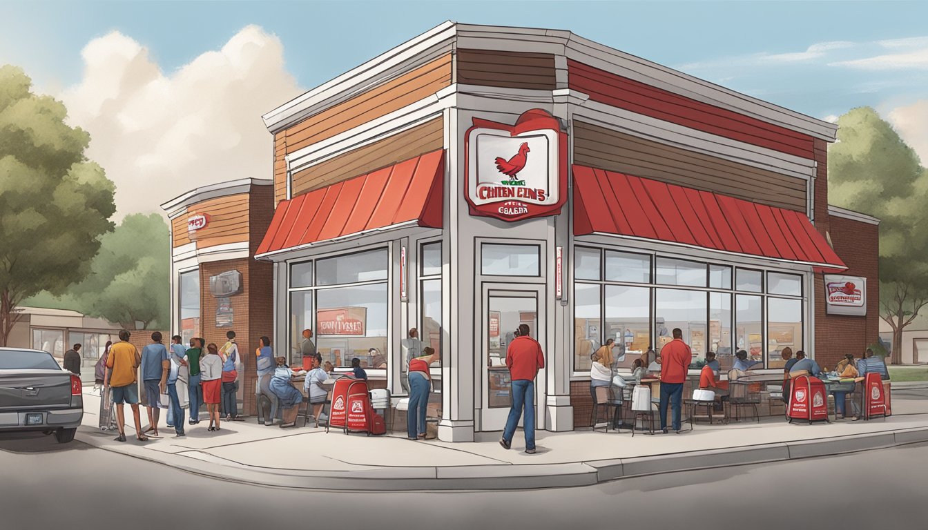 A bustling Church's Chicken location in Plano, Texas, with a line of customers wrapping around the building, and the iconic red and white signage prominently displayed