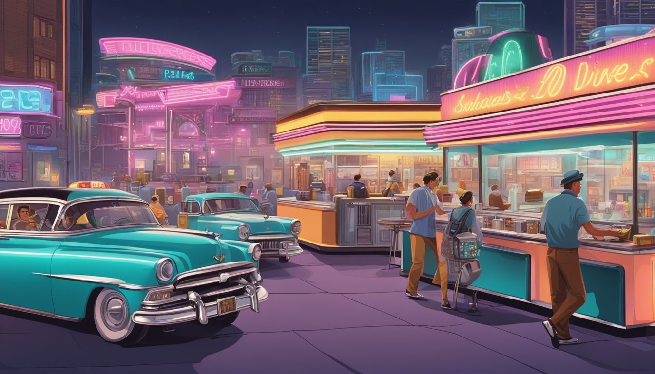 A bustling 1950s diner with neon signs and jukebox, a 1980s city street with boomboxes and graffiti, and a modern urban skyline with digital billboards and food trucks