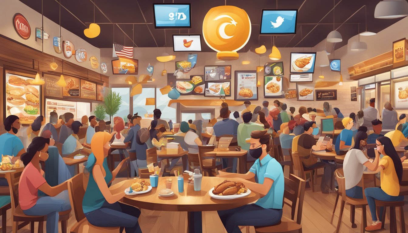 A bustling Texas Chicken restaurant surrounded by social media icons and logos, with customers taking photos and sharing their experiences online