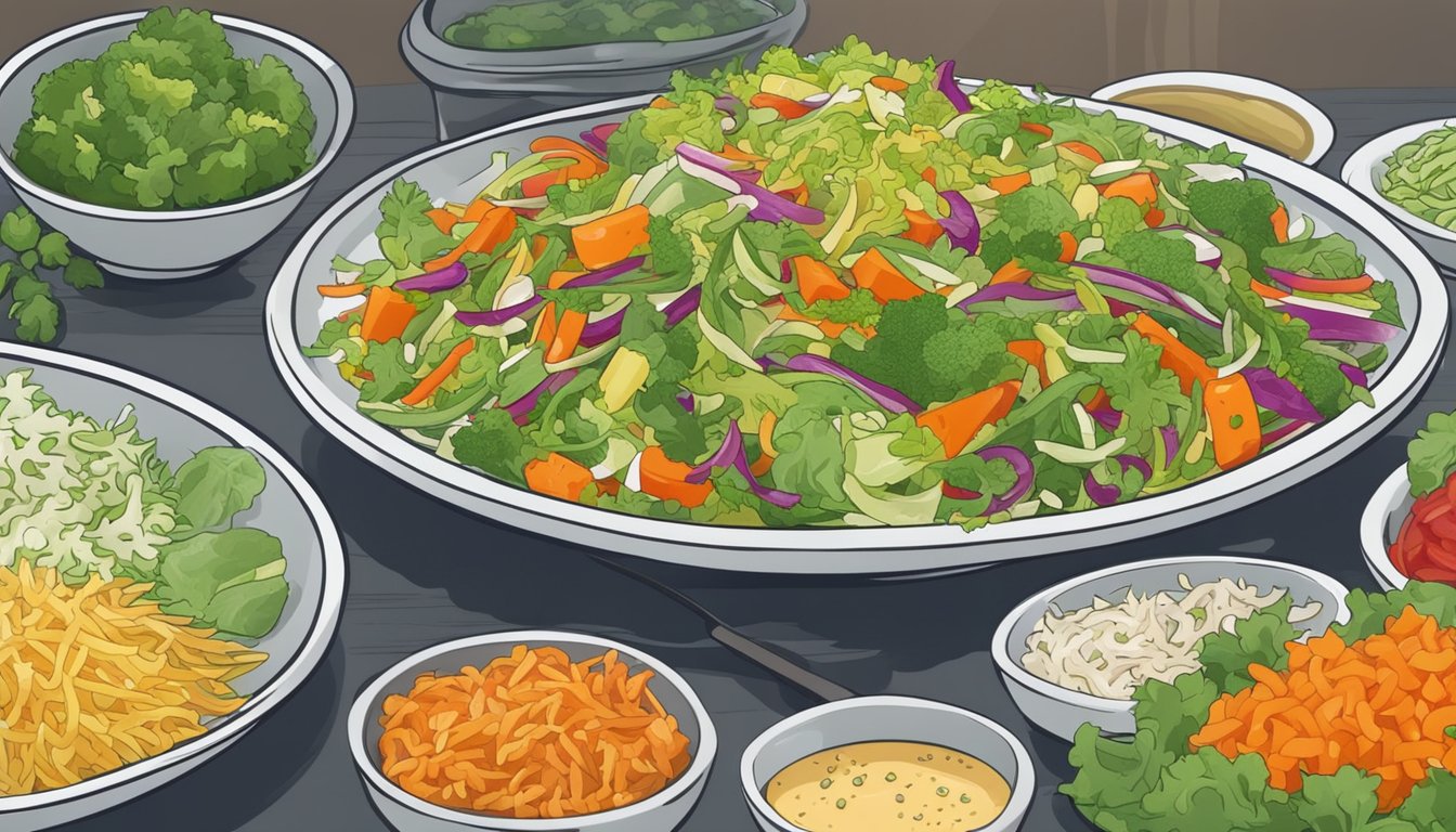 A colorful plate of fresh, shredded vegetables mixed with a tangy dressing, surrounded by other healthy side dishes on a restaurant table