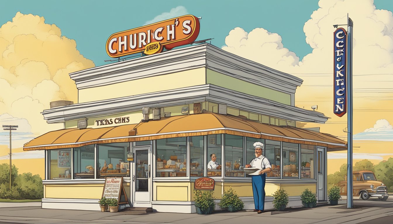 An older man in a chef's hat and apron stands proudly in front of a bustling 1950s-style restaurant, with the name "Church's Texas Chicken" displayed prominently