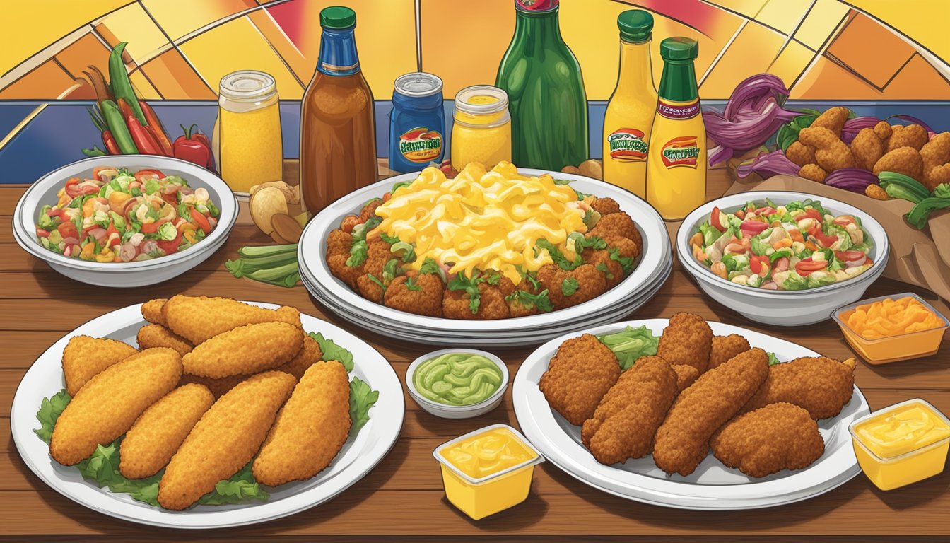 A platter of jalapeño cheese bombers surrounded by colorful, fresh side dishes at a Church's Texas Chicken restaurant