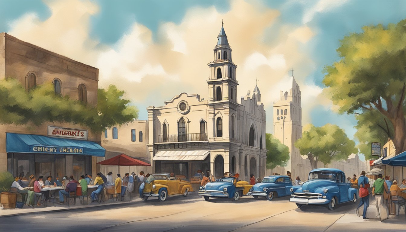 A bustling street near The Alamo with a vintage Church's Chicken restaurant, surrounded by historical buildings in San Antonio, Texas