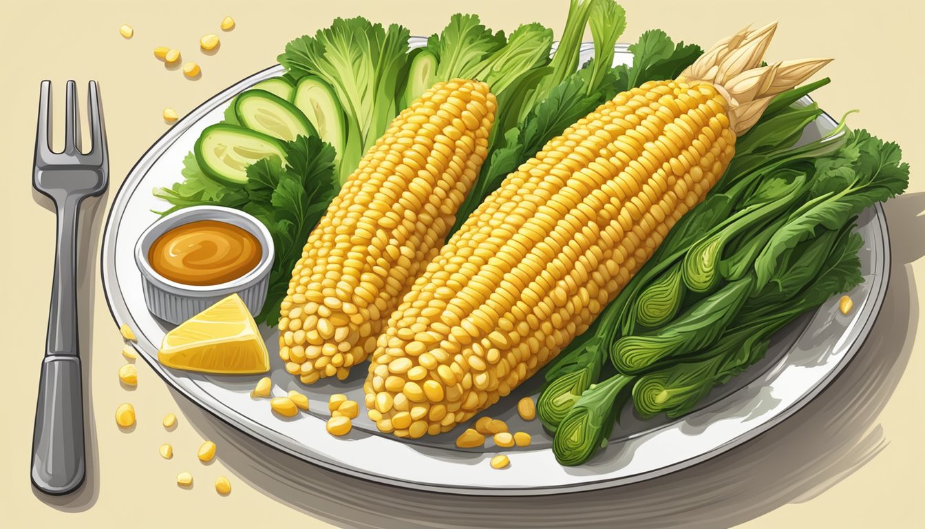 A plate of golden corn on the cob surrounded by vibrant green vegetables and a piece of juicy grilled chicken