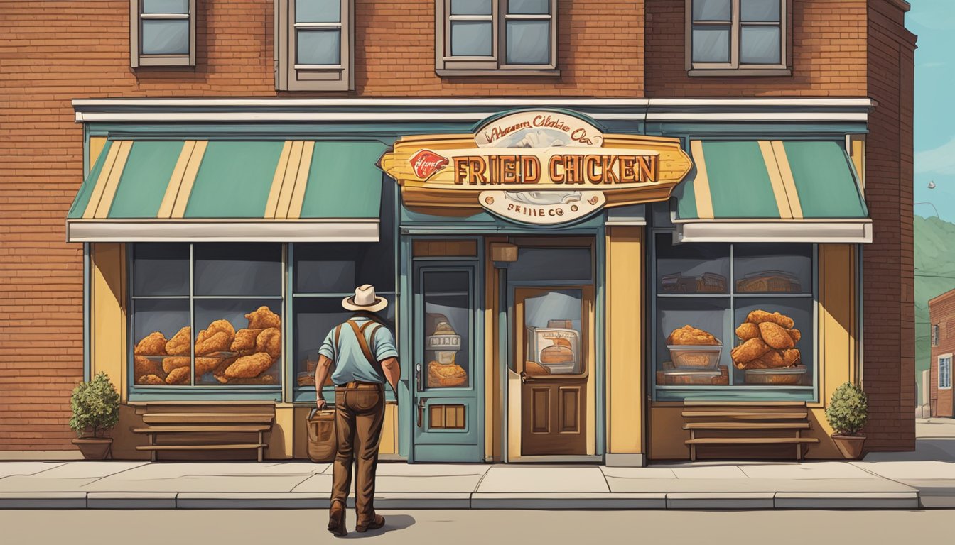 A vintage storefront sign reading 'Church's Fried Chicken To-Go.' A man in a cowboy hat and boots stands proudly outside