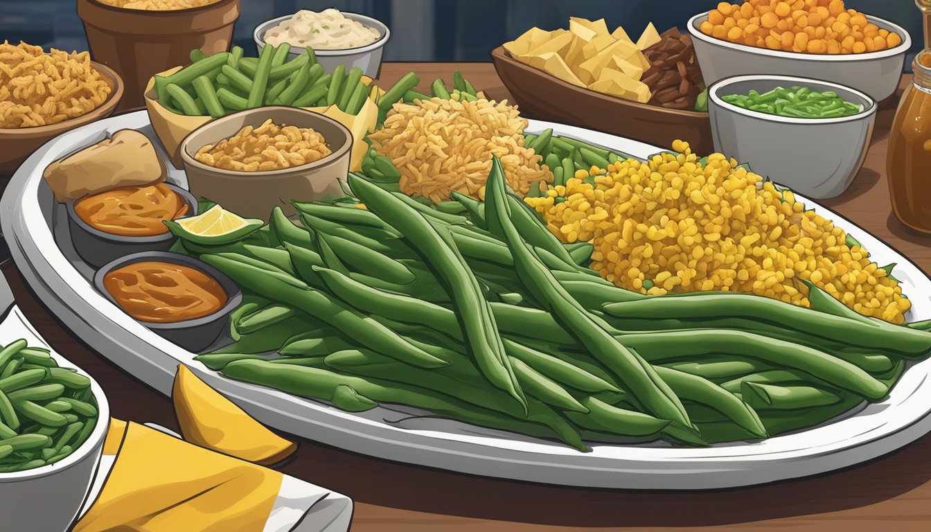 A plate of vibrant green beans surrounded by other colorful and healthy side dishes on a table at Church's Texas Chicken