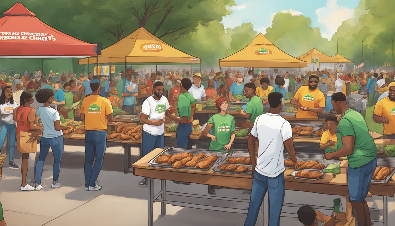 A vibrant outdoor barbecue with Beyond Meat and Church's Texas Chicken logos prominently displayed, as fans eagerly sample and enjoy the new partnership offerings