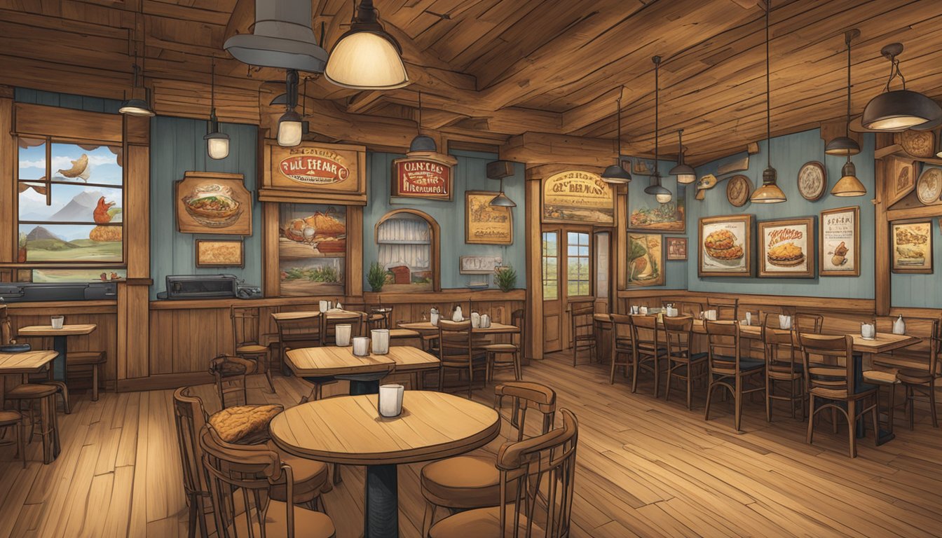 The restaurant's interior features a rustic, Texas-inspired decor with images of chickens and cowboy hats adorning the walls. A large menu board prominently displays various chicken dishes