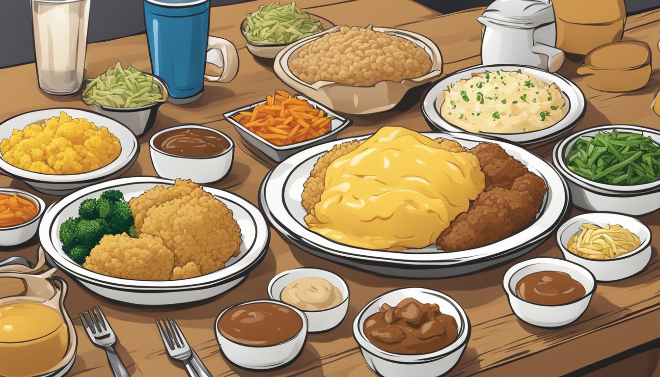 A plate of mashed potatoes with gravy surrounded by colorful and nutritious side dishes at Church's Texas Chicken