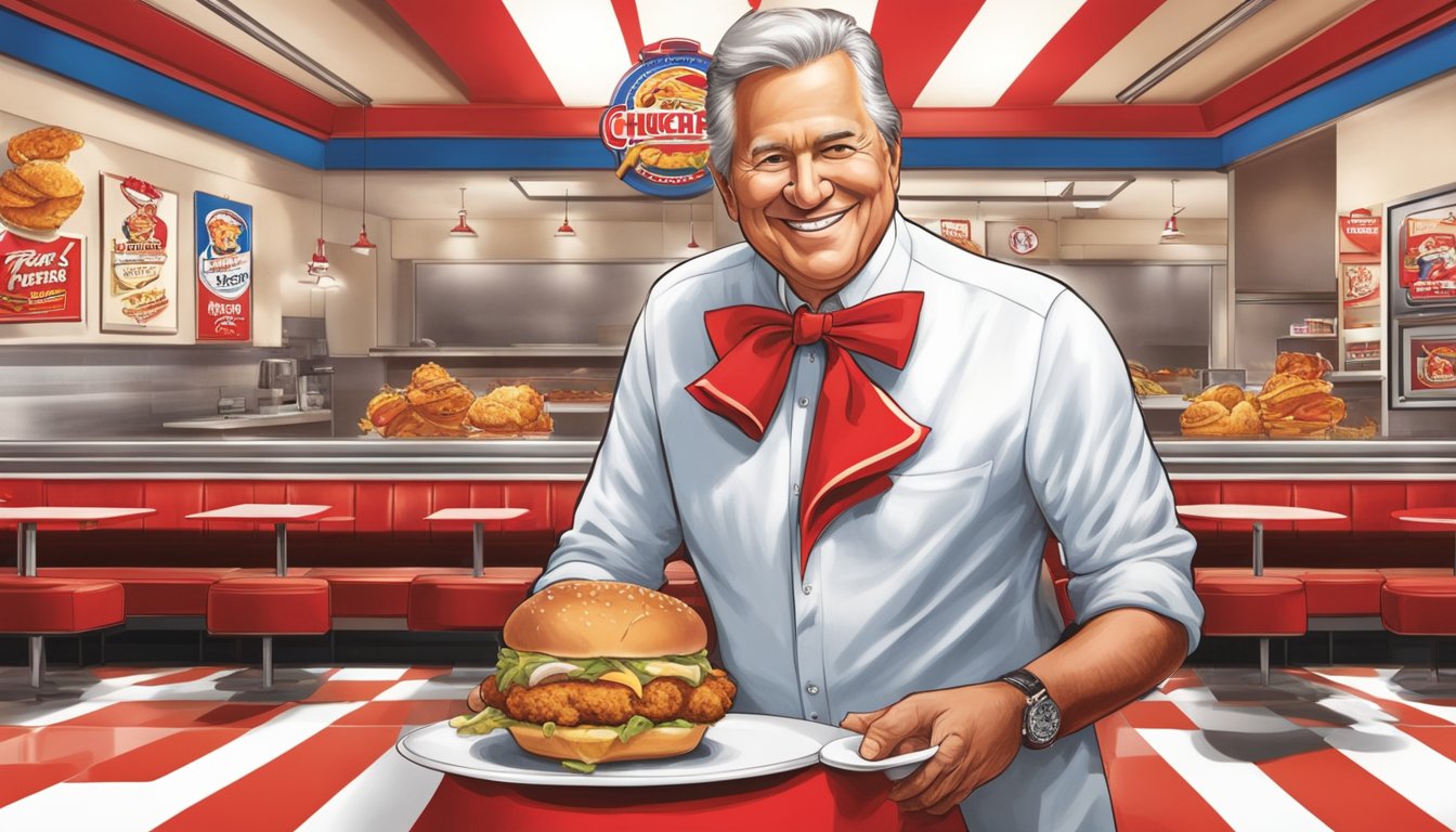 The founder of Church's Texas Chicken stands proudly, turning down a tempting franchise offer, surrounded by the iconic red and white branding of the restaurant