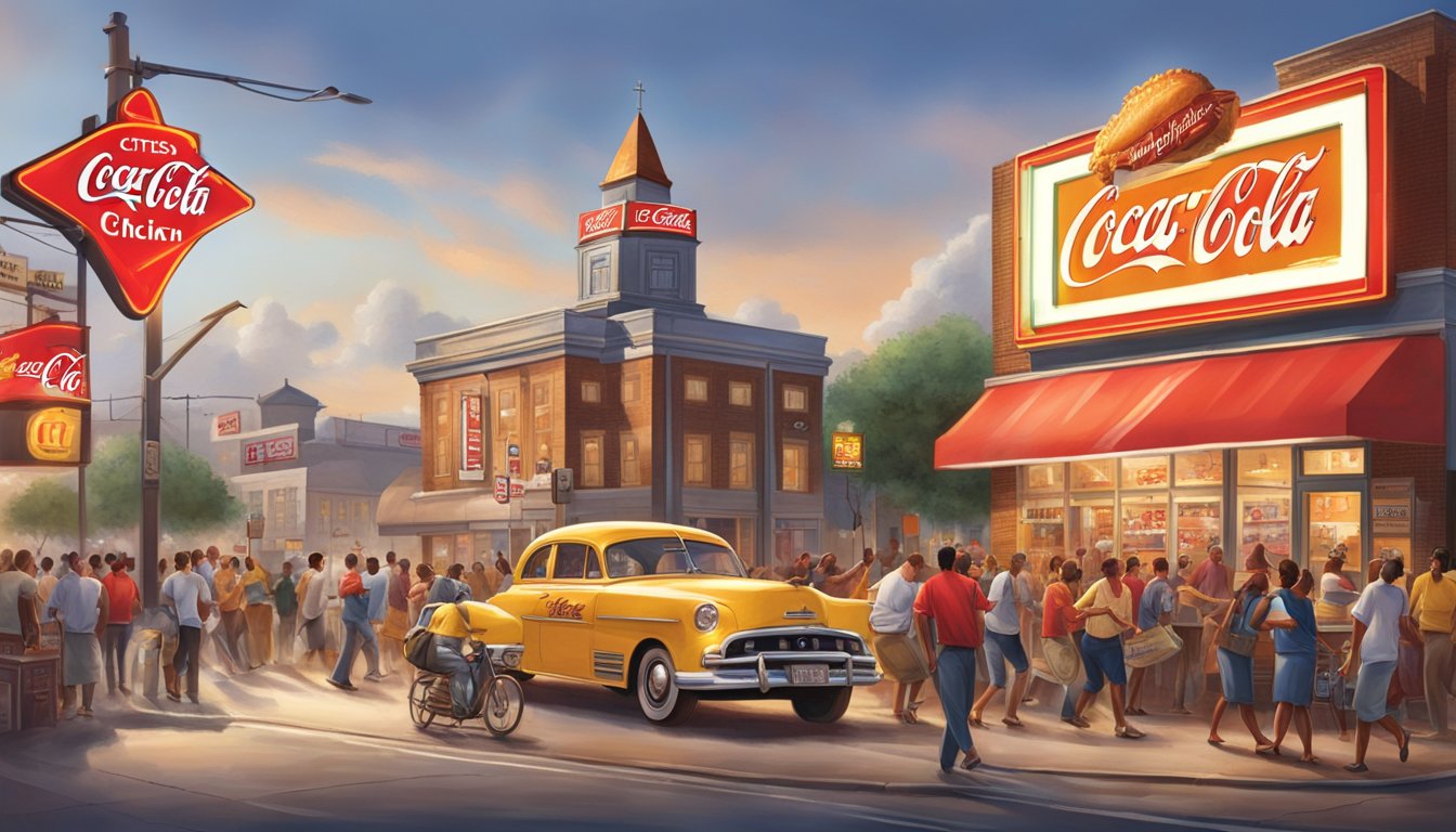 A bustling street corner with a large Coca-Cola and Church's Texas Chicken sign, surrounded by excited fans and bustling activity