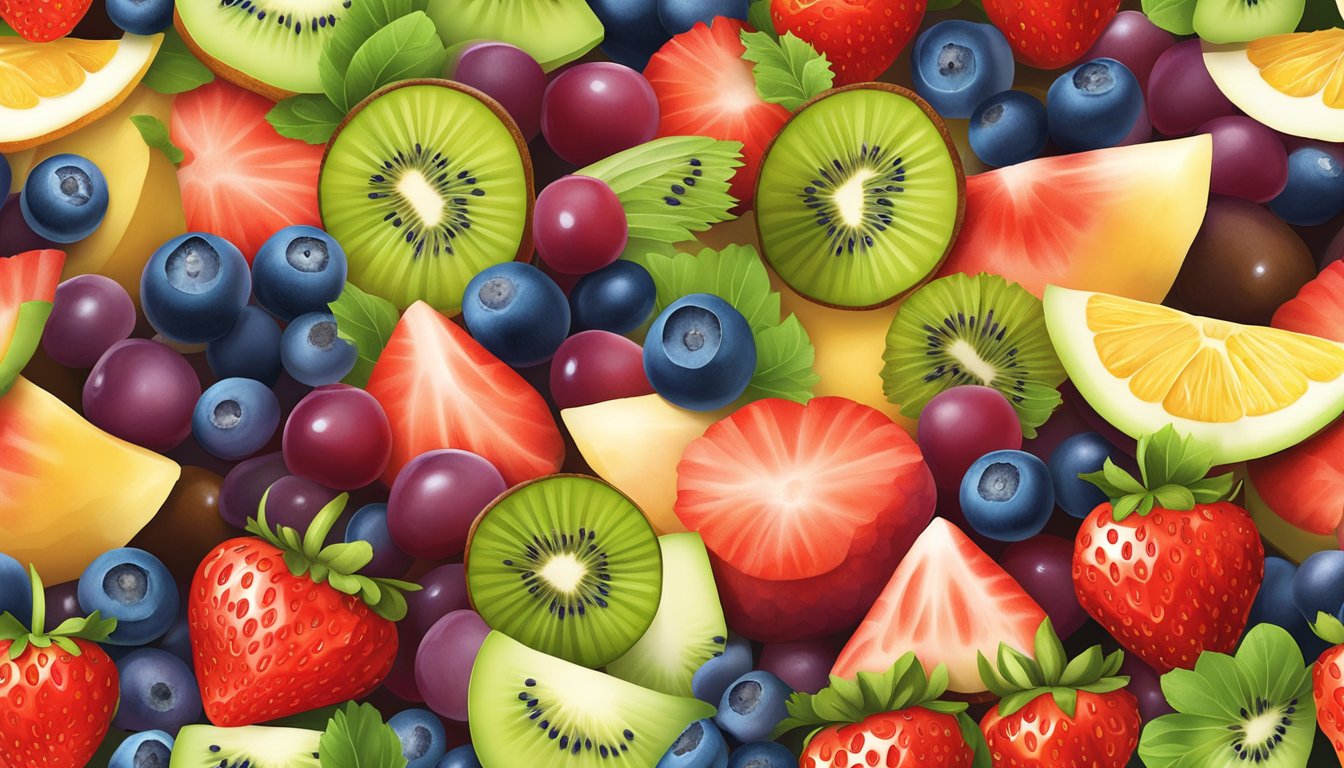 A colorful array of fresh fruits arranged in a vibrant side salad, including sliced strawberries, blueberries, kiwi, and grapes, with a sprinkle of nuts and seeds