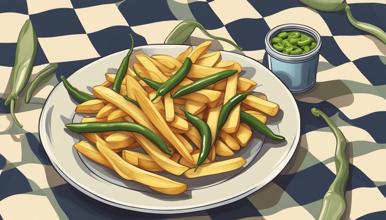 A vintage diner counter with a plate of French fries and jalapeños on a checkered tablecloth