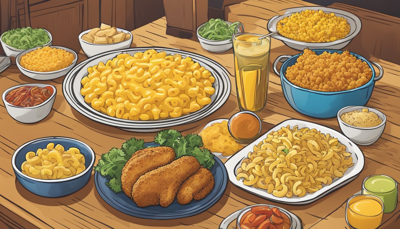 A plate of macaroni and cheese surrounded by colorful and fresh side dishes at a Church's Texas Chicken restaurant