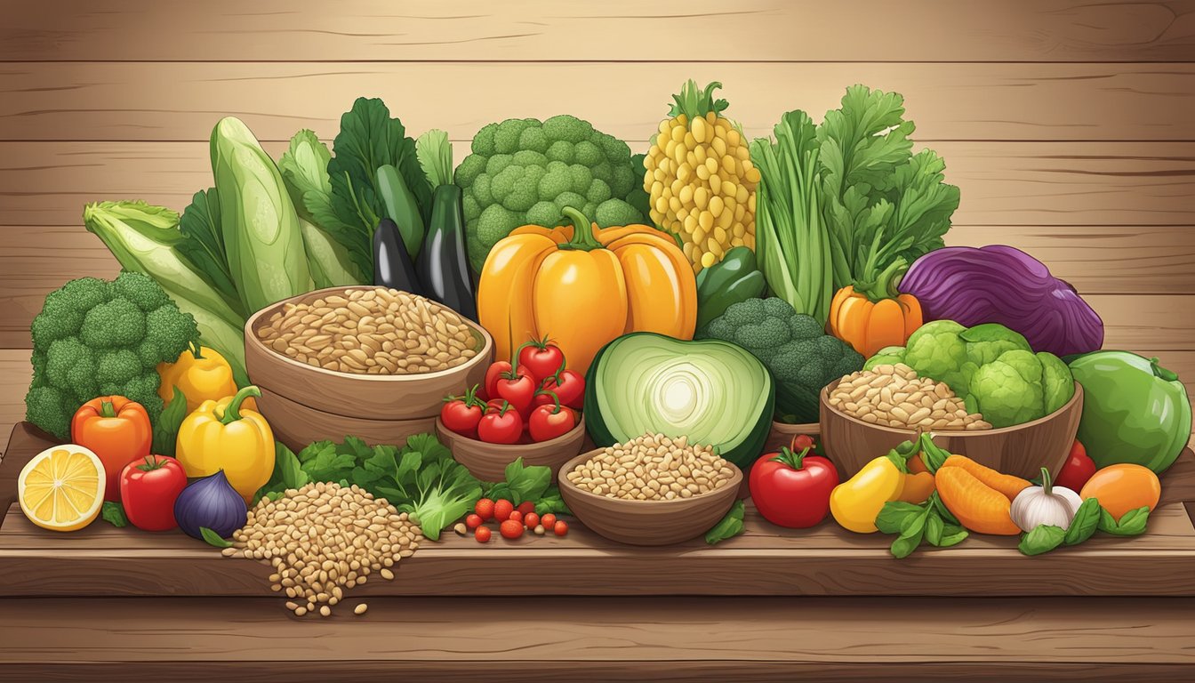 A colorful array of fresh vegetables and fruits displayed next to a variety of whole grains and lean proteins, all arranged on a rustic wooden table