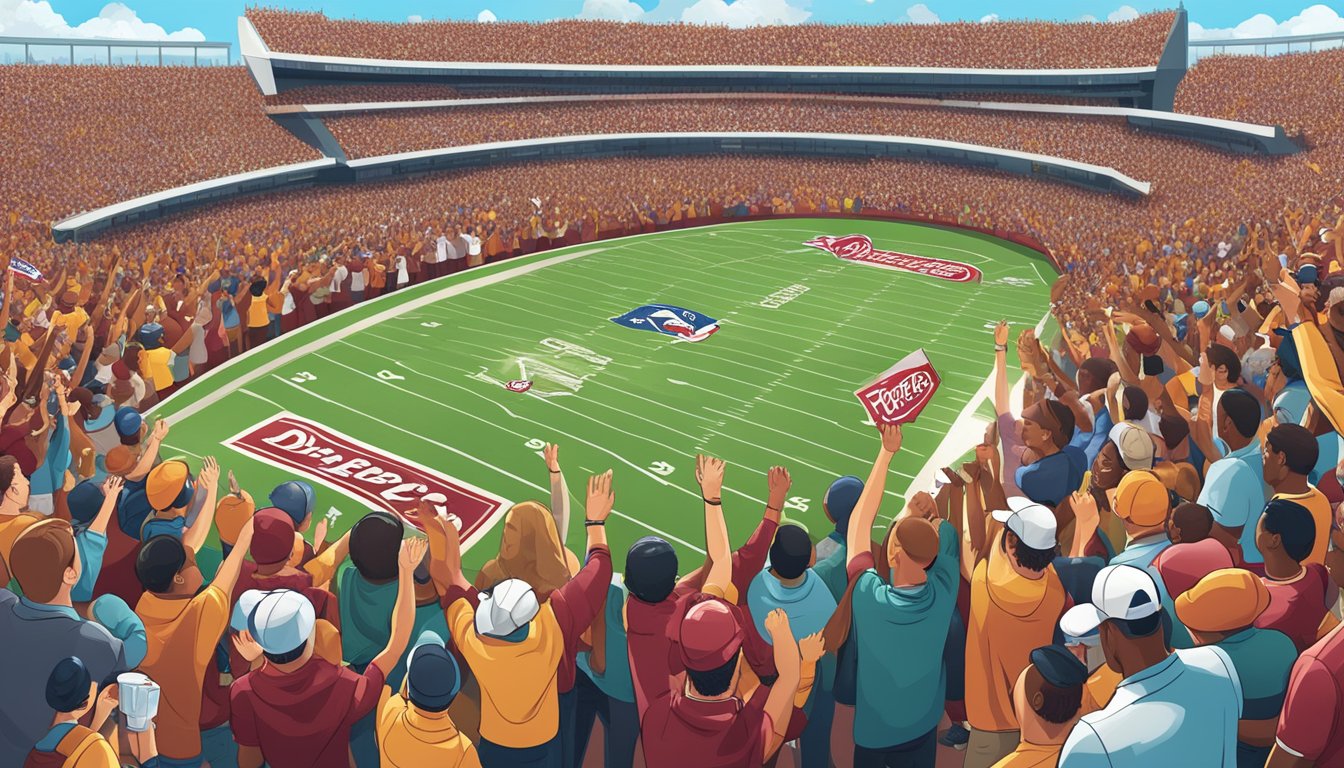 A crowded stadium filled with excited fans holding Dr Pepper and Church's Texas Chicken products, cheering and waving banners