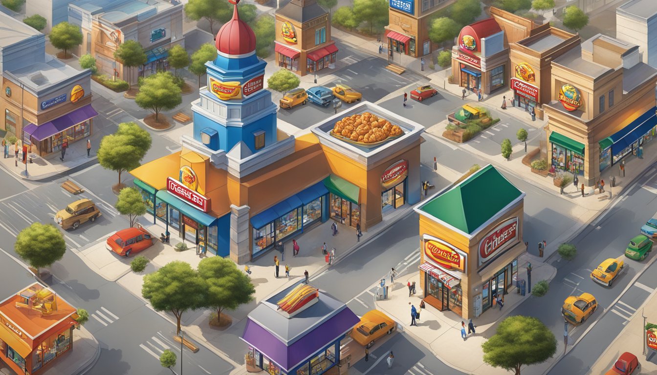 A bustling cityscape with 8 distinct Church's Texas Chicken locations, showcasing the rapid growth and expansion of the popular fast-food chain