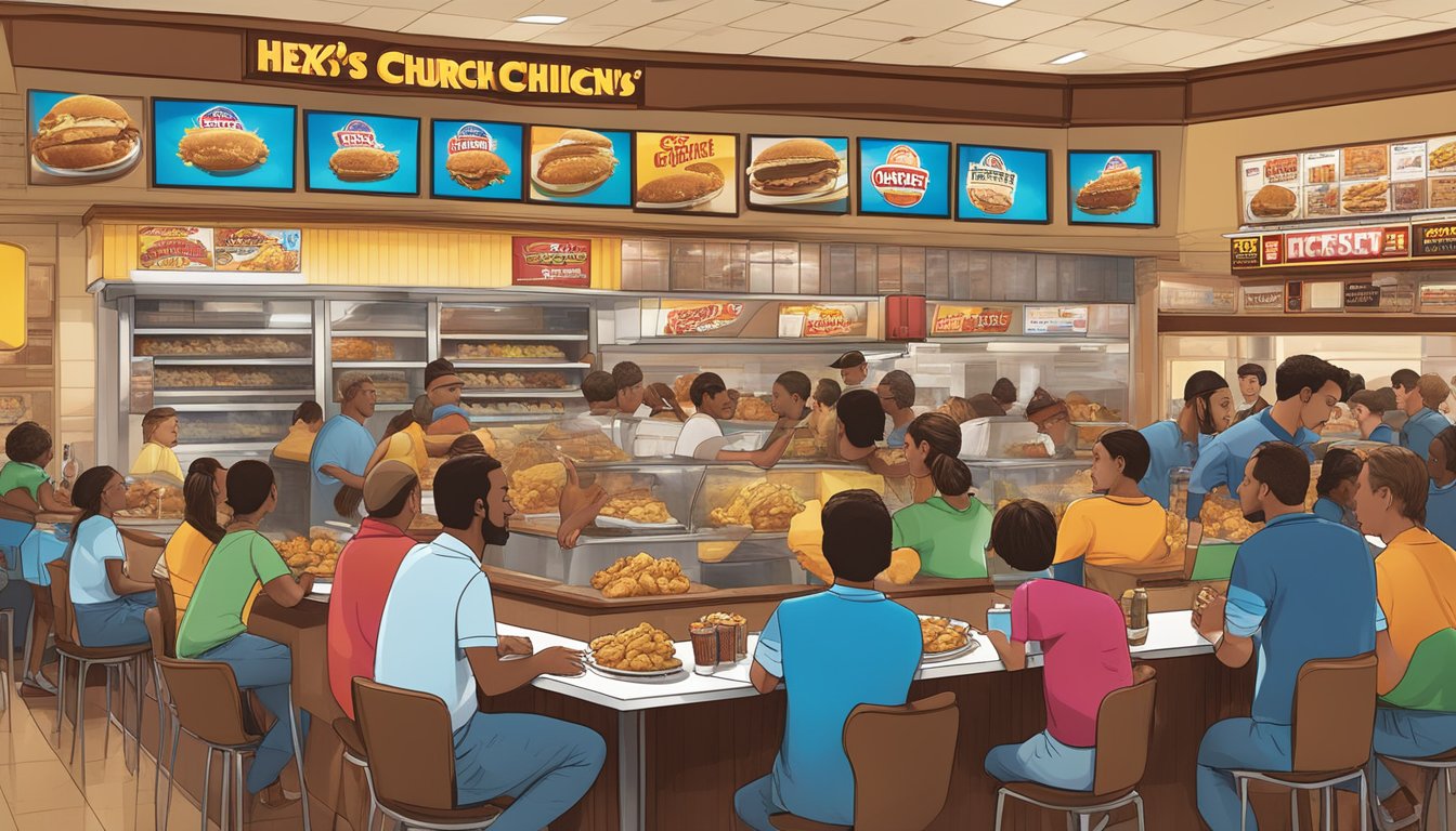 A bustling fast-food restaurant with a prominent display of Hershey's and Church's Texas Chicken logos, surrounded by excited customers