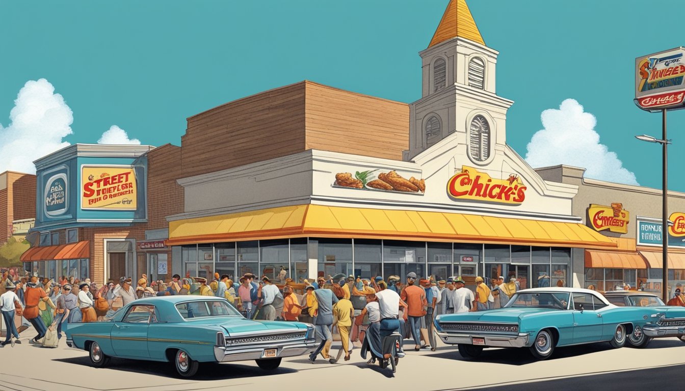 A bustling 1968 street scene with a prominent Church's Texas Chicken store, surrounded by excited customers and a sense of growth and success