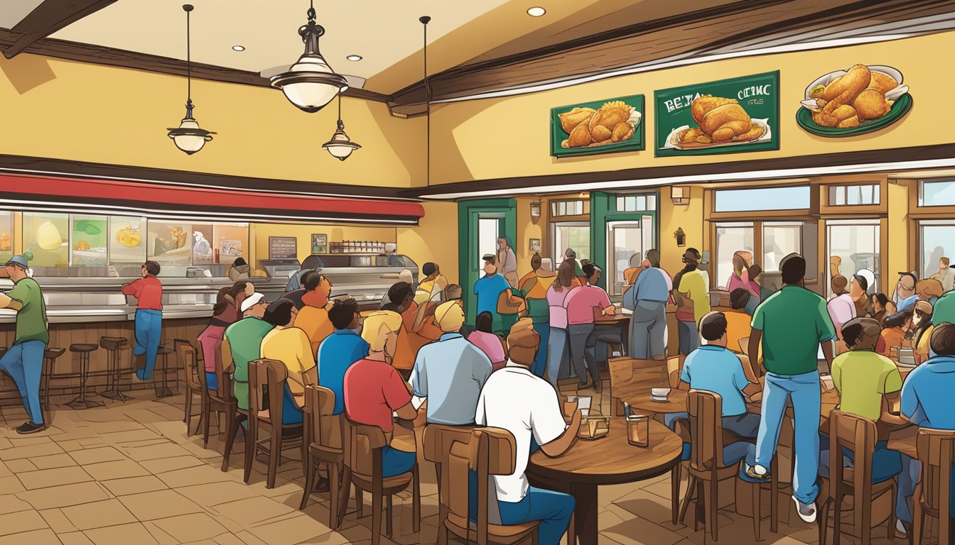 A bustling Texas Chicken restaurant with a line of excited customers, while the Church's logo is prominently displayed, symbolizing the successful strategic partnership