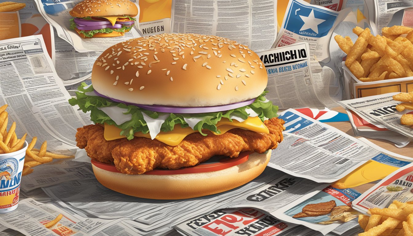 A sizzling chicken sandwich surrounded by news headlines, with a bold Church's Texas Chicken logo in the background