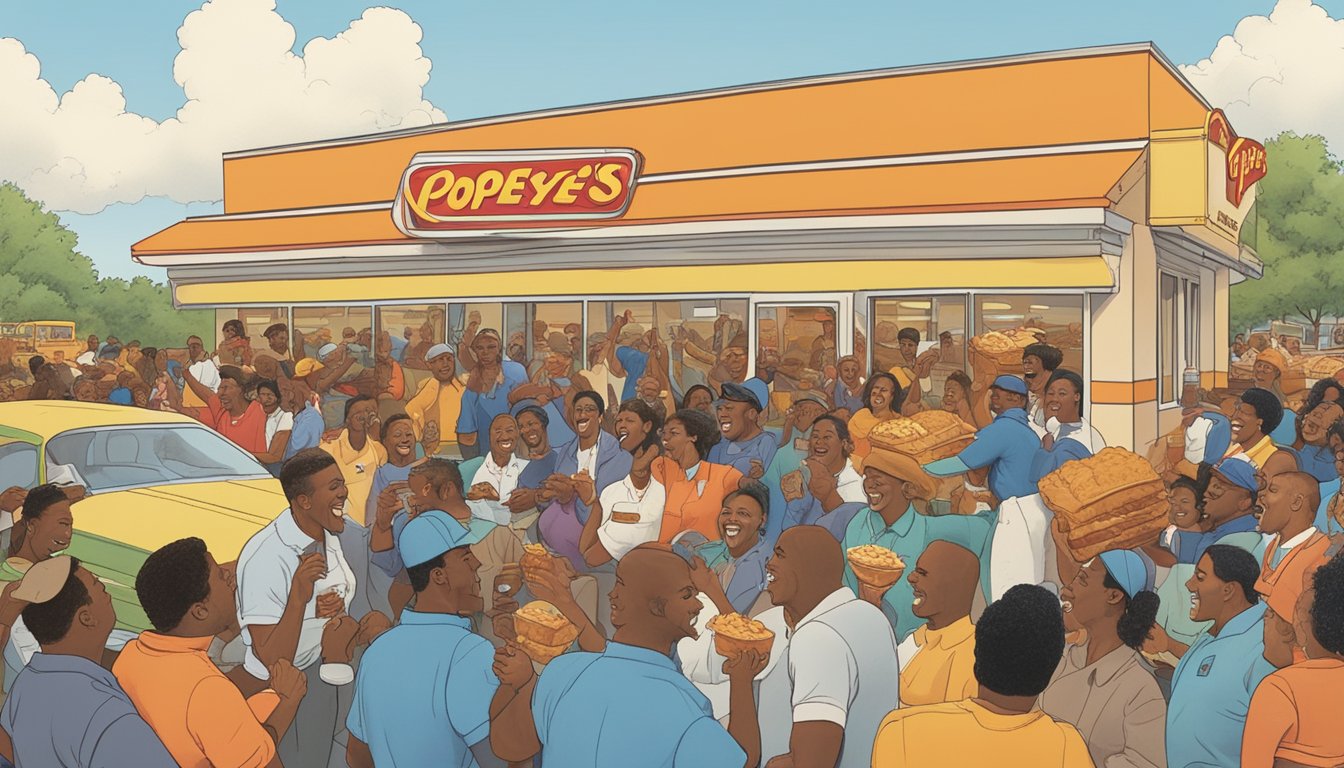 A bustling 1989 fast food merger between Church's Chicken and Popeyes, with excited employees and customers celebrating the union