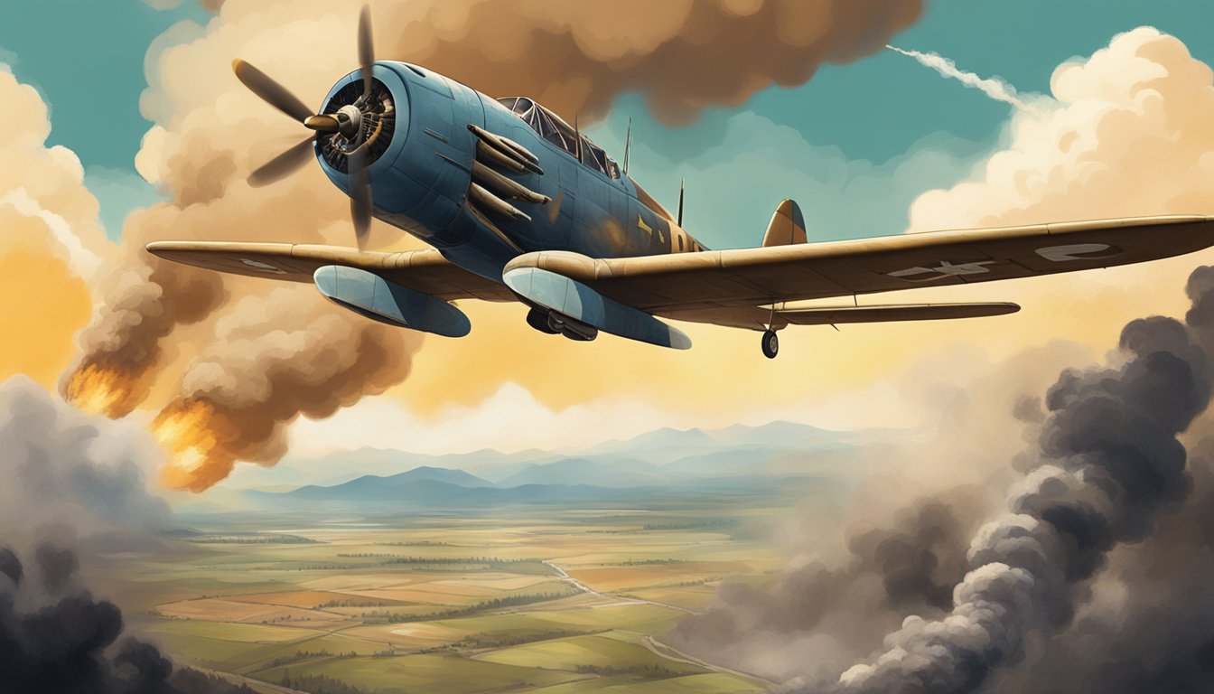 A vintage airplane soaring over a war-torn landscape, with smoke and explosions in the distance