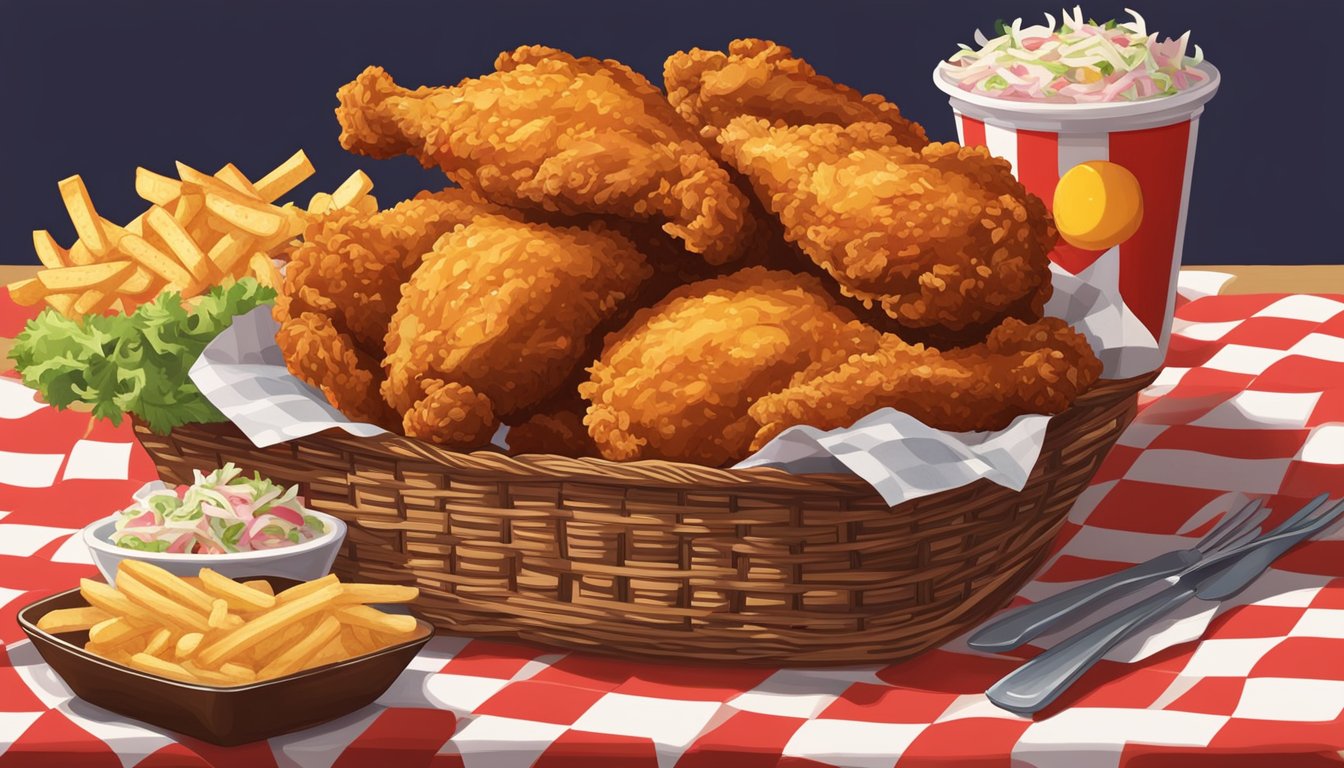 A sizzling piece of golden brown fried chicken sits atop a checkered red and white paper-lined basket, surrounded by a side of crispy fries and a dollop of tangy coleslaw