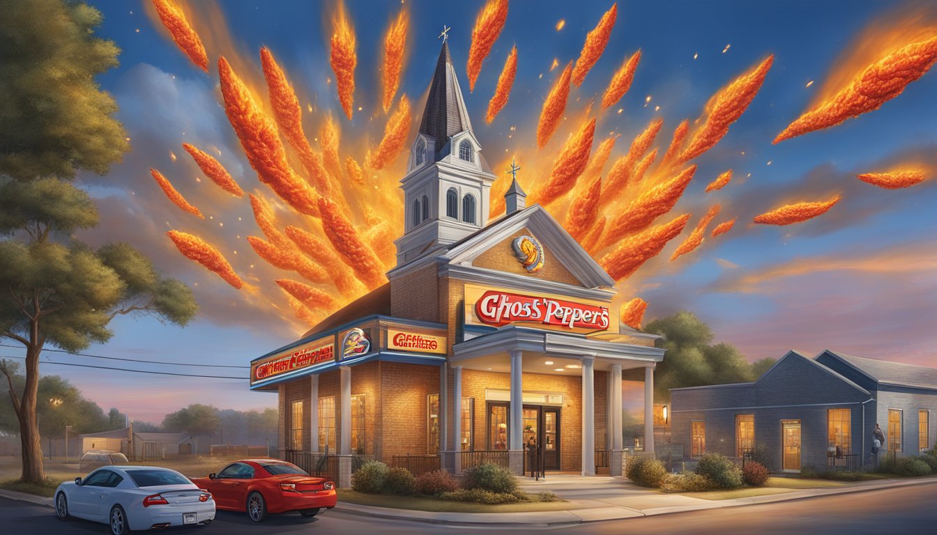 A fiery explosion of ghost peppers surrounds a towering Church's Texas Chicken sign, capturing the launch of limited edition ghost pepper wings