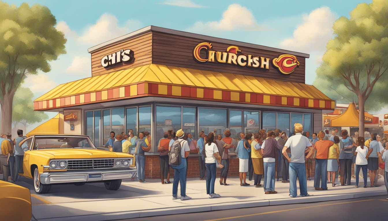 The founder of Church's Texas Chicken stands proudly in front of a bustling fast-food restaurant, surrounded by a crowd of happy customers and employees