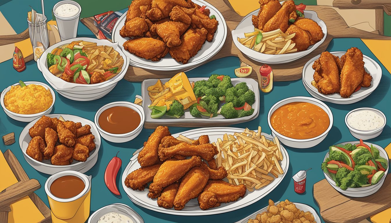 A plate of spicy chicken wings surrounded by various international menu items from Church's Texas Chicken