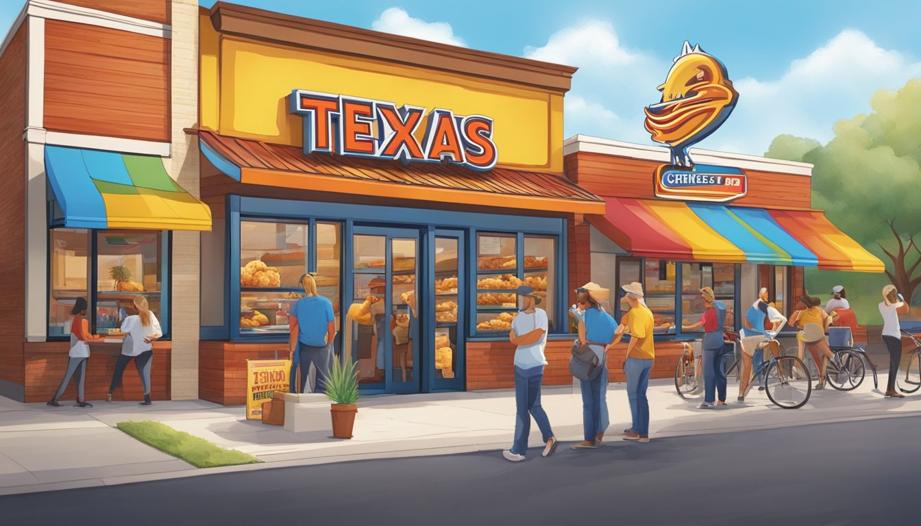 A colorful and eye-catching Texas Chicken storefront with a bold new logo and signage, surrounded by excited onlookers and media cameras