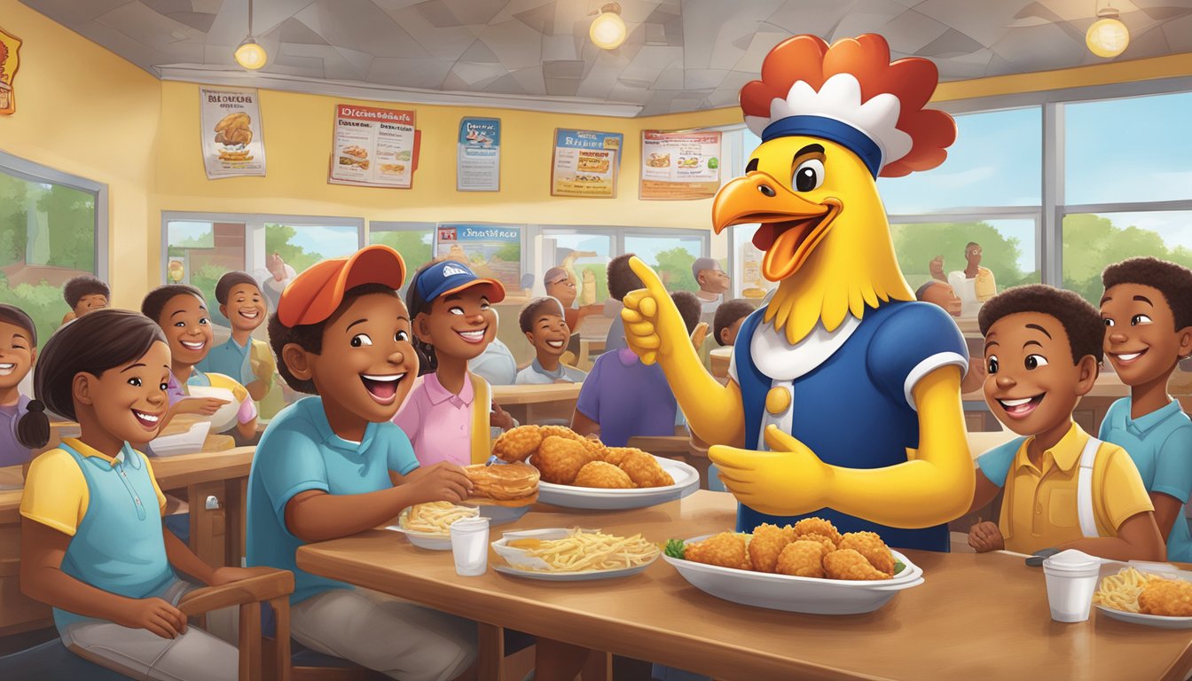 A smiling chicken mascot holds a menu with 15 facts, surrounded by happy customers enjoying affordable meals at Church's Texas Chicken