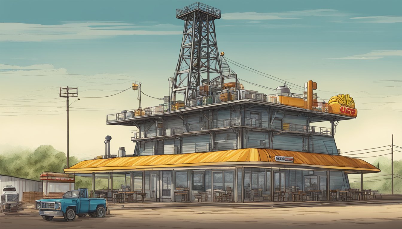 A Texas oil rig with a fast food restaurant in the background