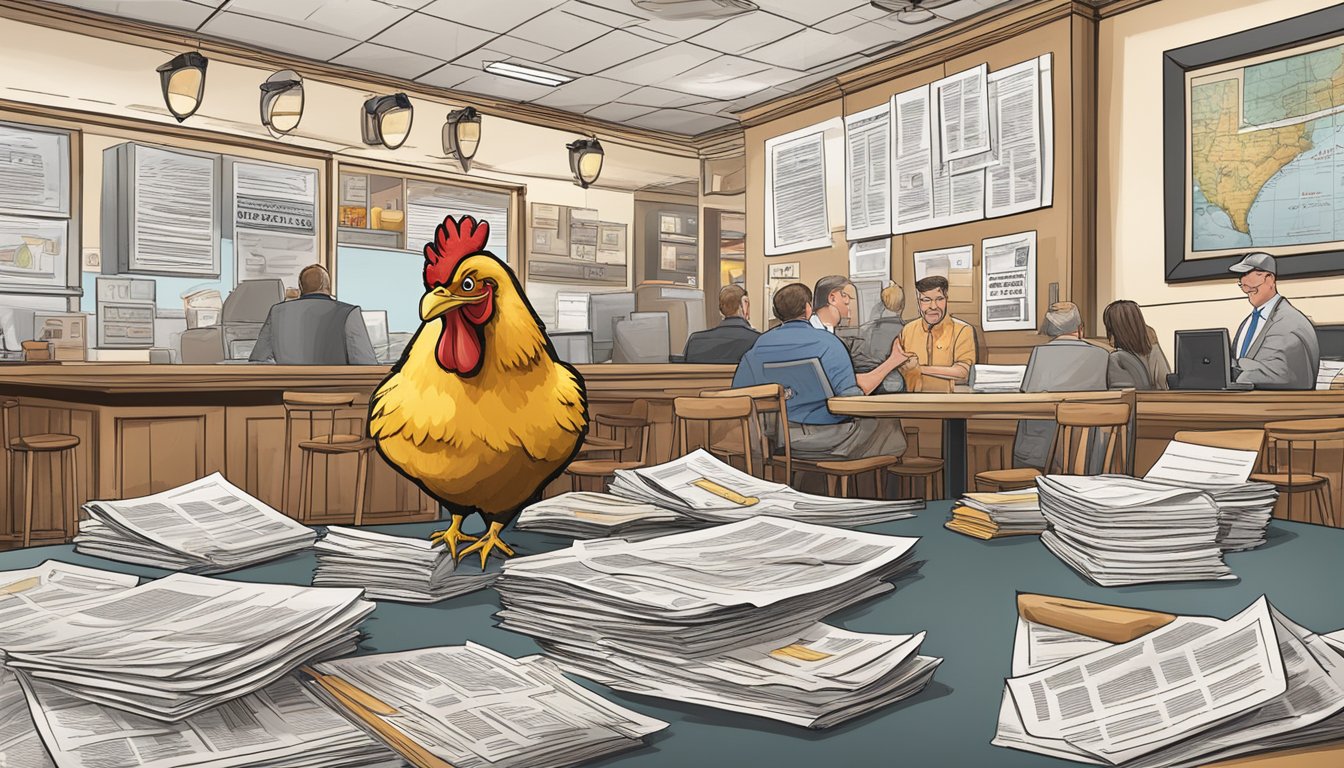 A Texas Chicken restaurant surrounded by six legal documents and news headlines