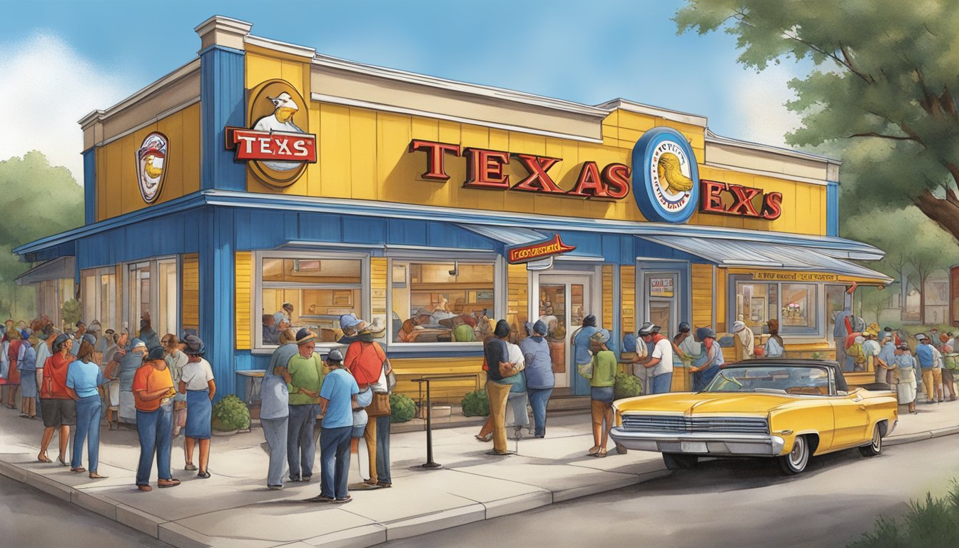 The iconic Texas Chicken restaurant with a bustling line of customers, media cameras capturing the historical moments, and the church's logo prominently displayed on the storefront