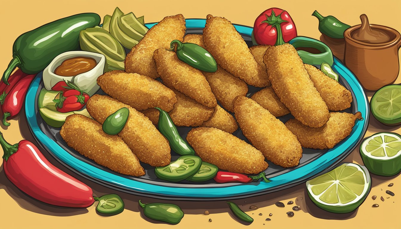 A platter of golden-brown jalapeño poppers surrounded by colorful Tex-Mex ingredients