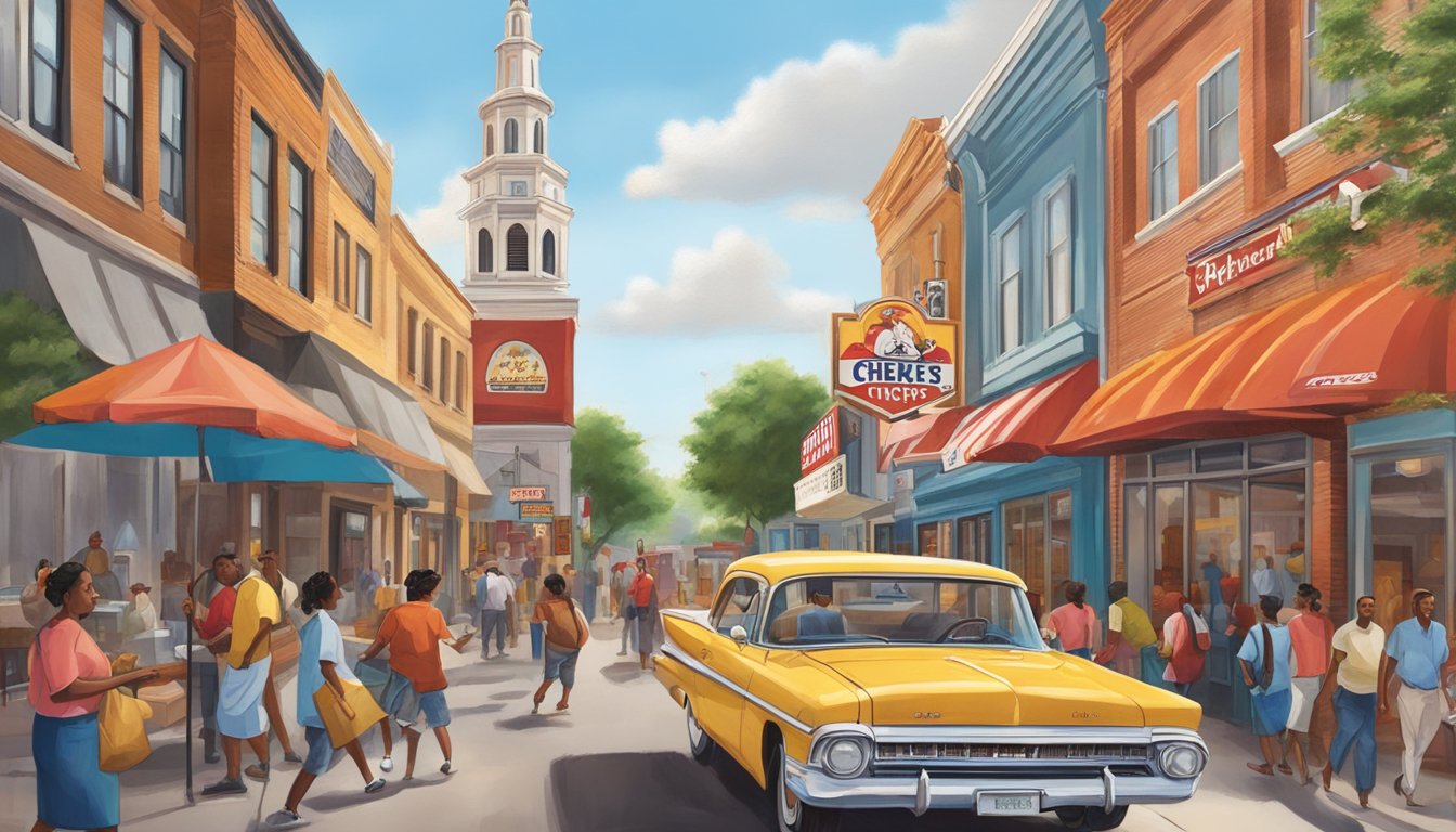 A bustling Texas street with a prominent Church's Chicken sign, surrounded by diverse cultural elements and people