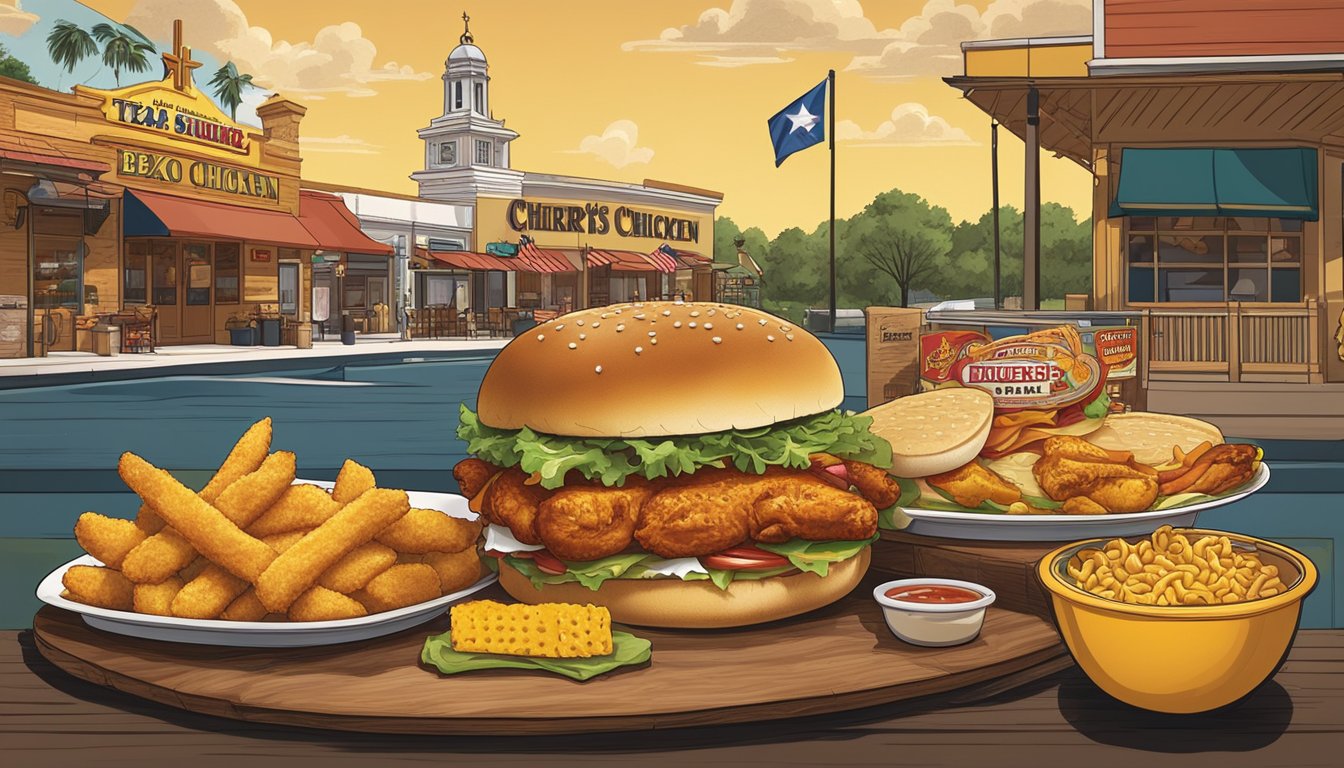 A sizzling BBQ chicken sandwich surrounded by Texan-themed decor and a menu showcasing 12 Church's Texas Chicken items from around the world