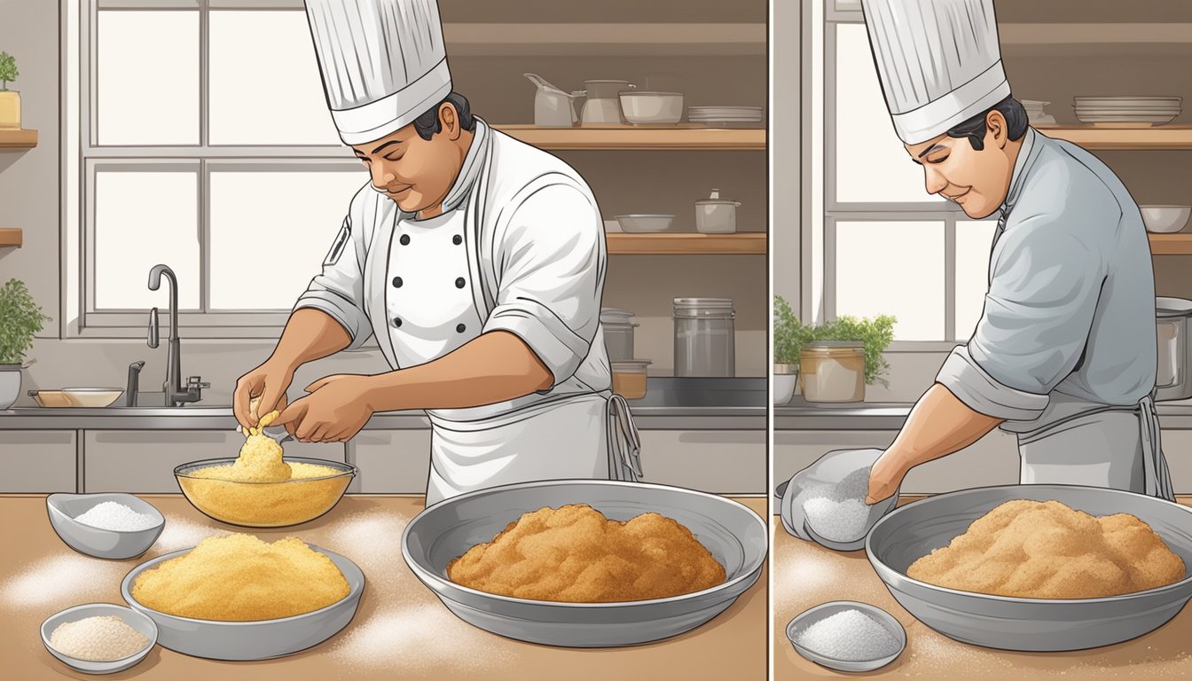 A chef dipping a piece of chicken into flour, then into egg wash, and then back into the flour for double breading