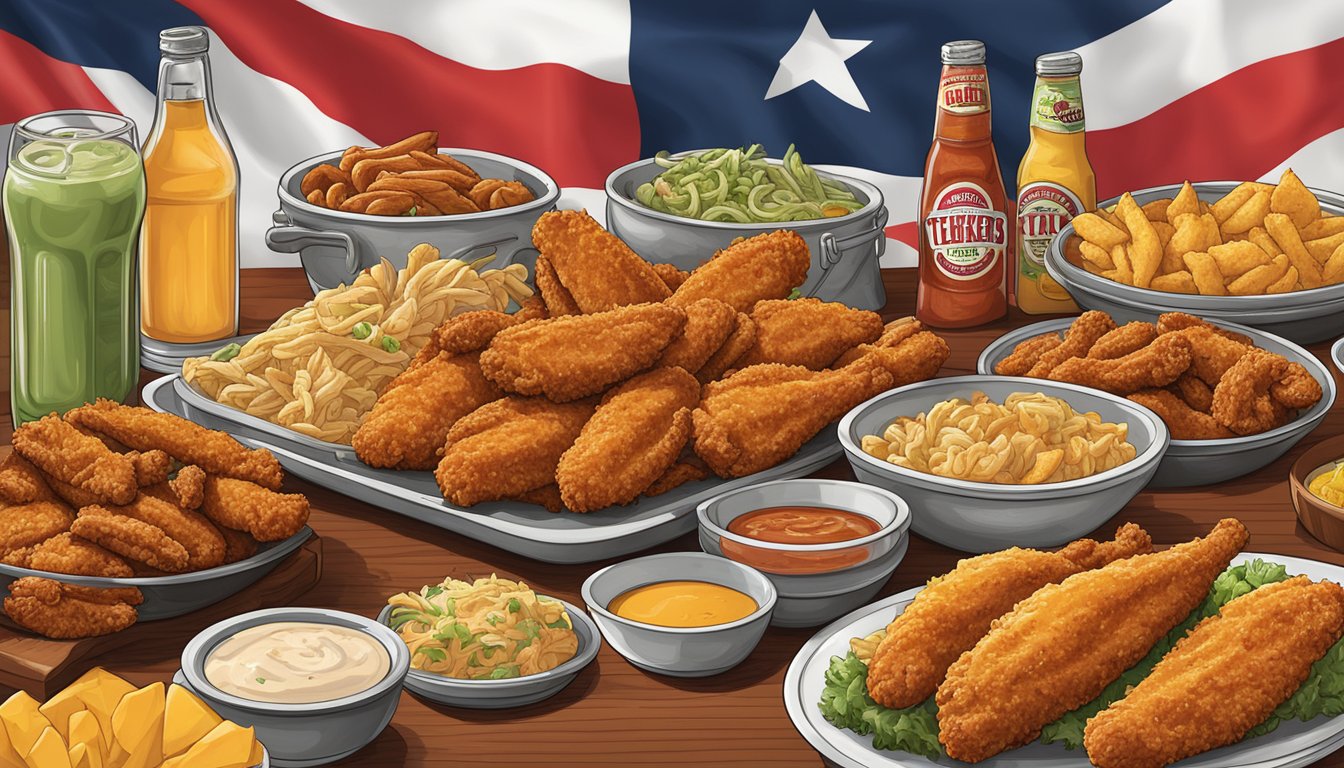 A platter of Cajun tenders surrounded by iconic Texas Chicken menu items from around the world